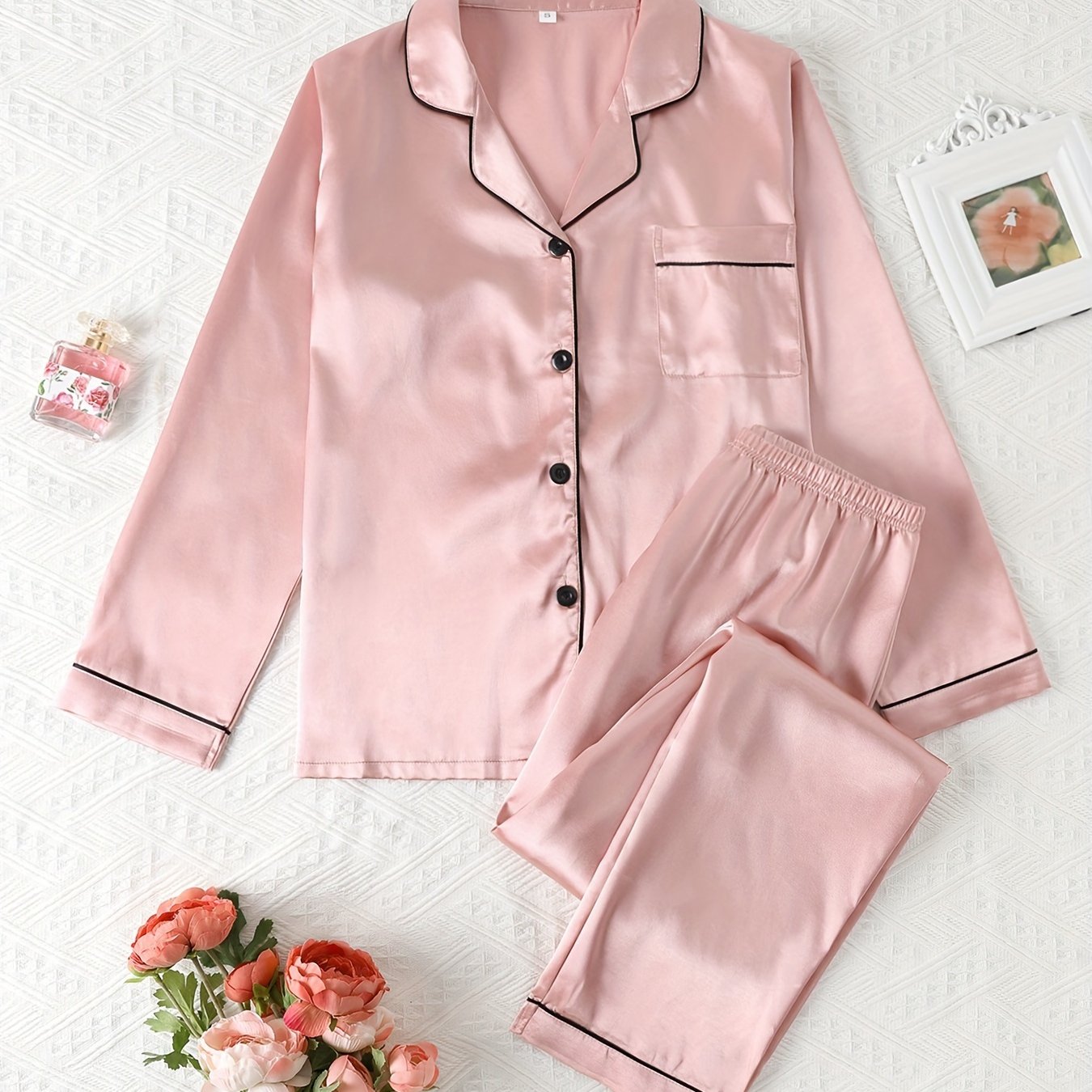 Women's long sleeve button-up pajama set, relaxed fit coordinated top and pants nightwear