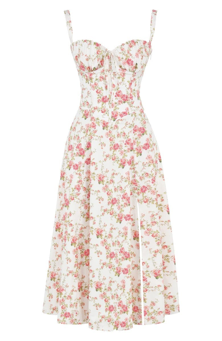 Floral midi dress with sweetheart neckline, A-line cut, light summer fabric for women