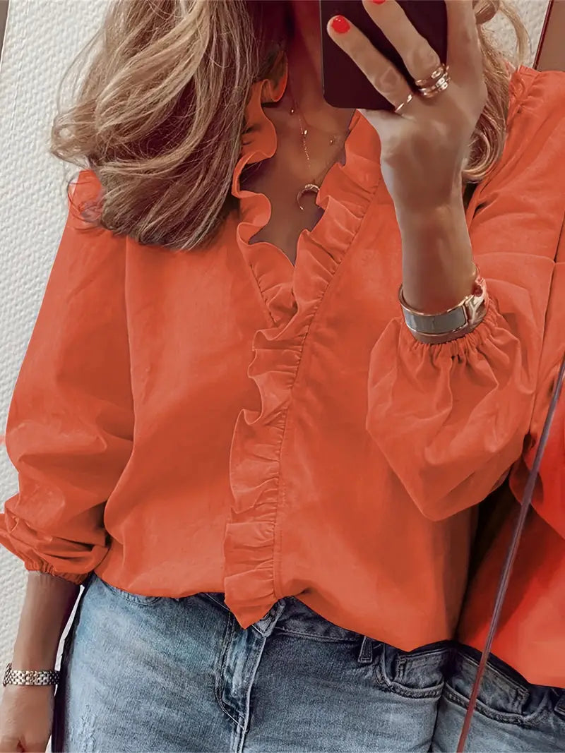 Lauren white V-neck long sleeve blouse relaxed silhouette chic office-to-brunch essential