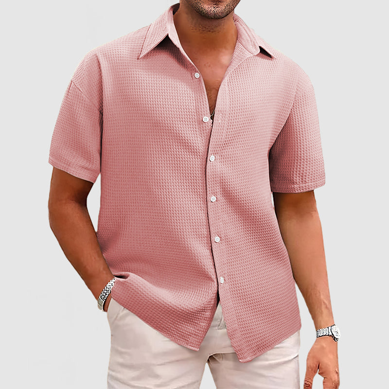 Men's beige waffle short sleeve shirt relaxed fit with textured fabric for casual warm weather wear