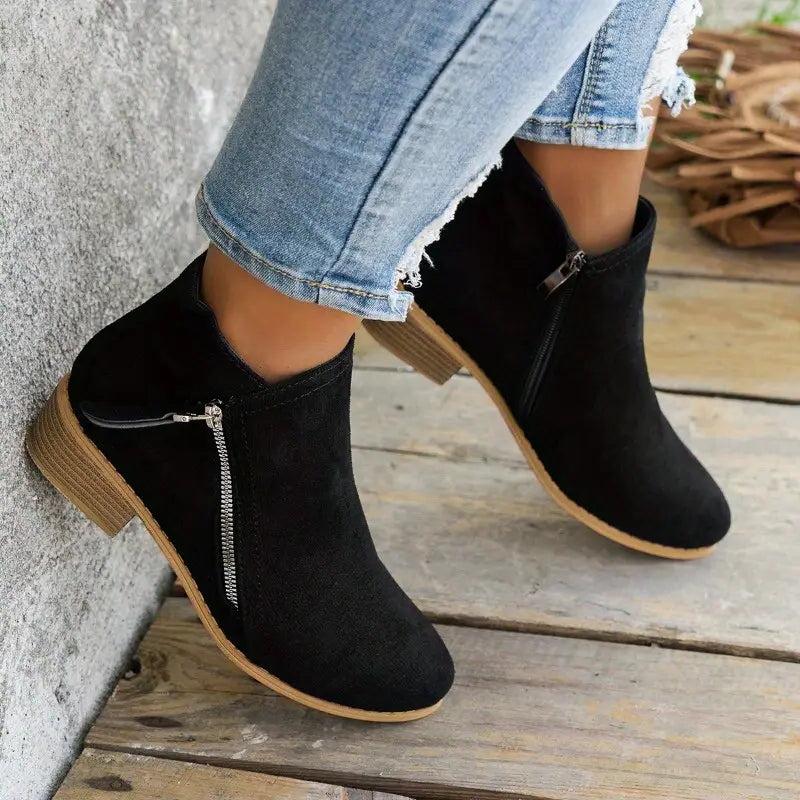 Women's suede-look ankle boots low heel rounded toe side zipper closure versatile everyday style