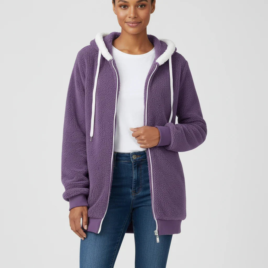 Women's sherpa lined zip-up hoodie sweater relaxed mid-length silhouette for cozy everyday layering