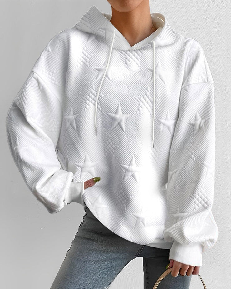 Women's gray embossed star hoodie sweatshirt with drawstring hood, cozy long sleeve casual fit