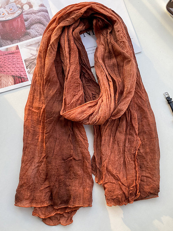 Boho chic tie-dyed gradient scarf earth tones long pleated cotton linen oversized wrap