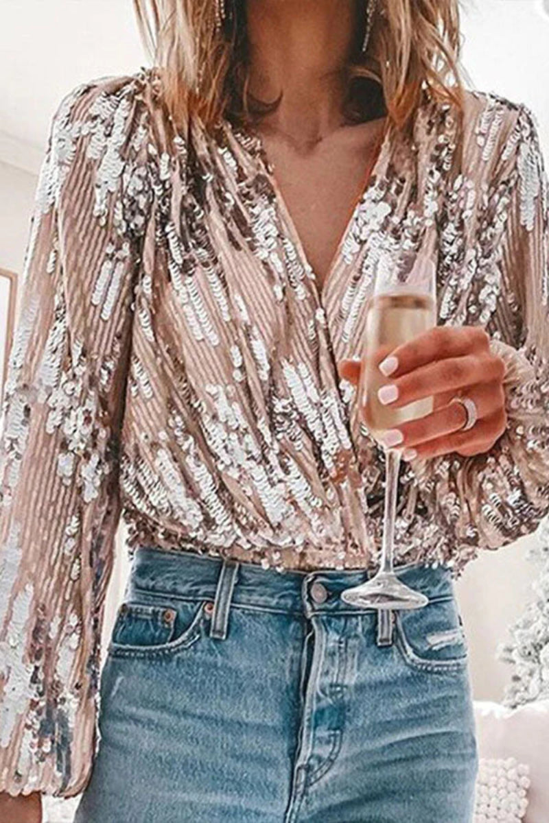 Women's sequin party top deep V-neck figure-hugging fit with long puff sleeves for night out