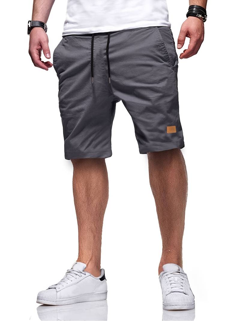 Men's gray cutoff drawstring shorts relaxed fit versatile beach casual summer wear adjustable waistband