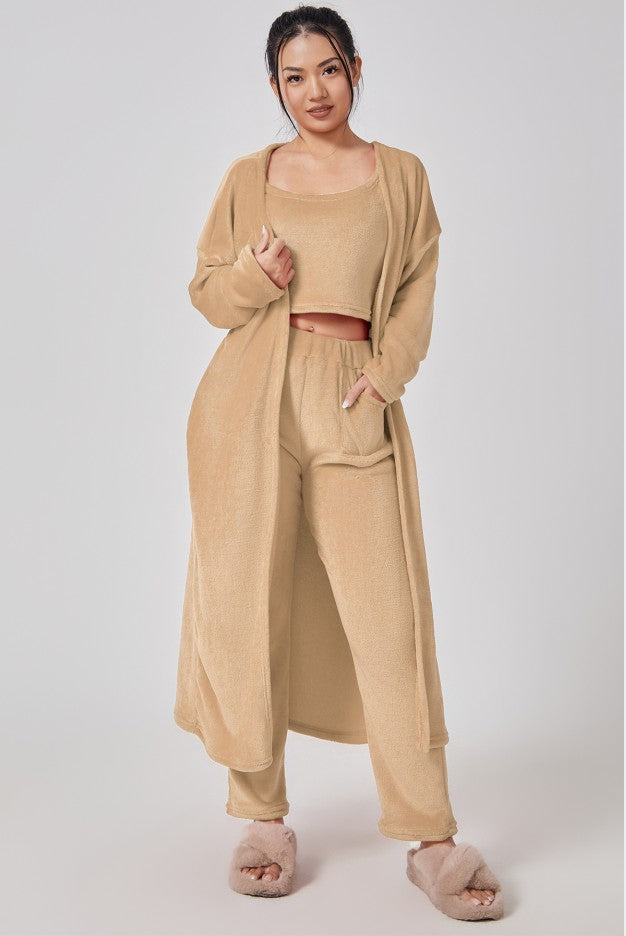 Women's fluffy 3-piece lounge set cropped top high-waisted pants long cardigan soft polyester blend