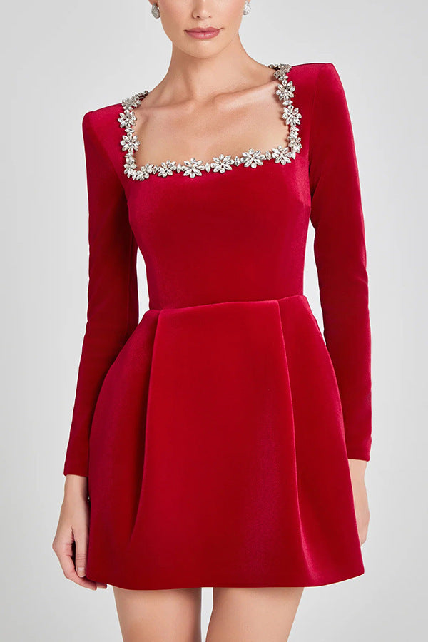 Floral embellished mini dress for women, square neckline, long sleeves, fitted elegant evening silhouette