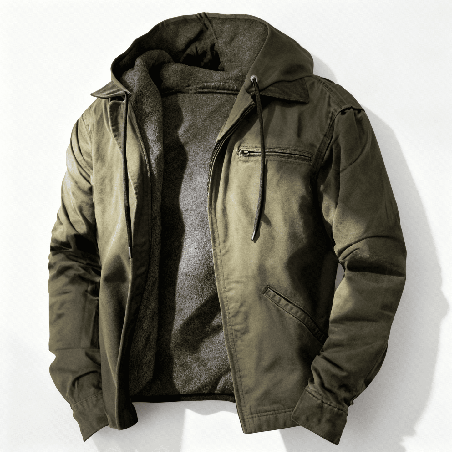 Men's relaxed-fit lined hooded utility jacket with zip front, drawstring hood, and utility pockets