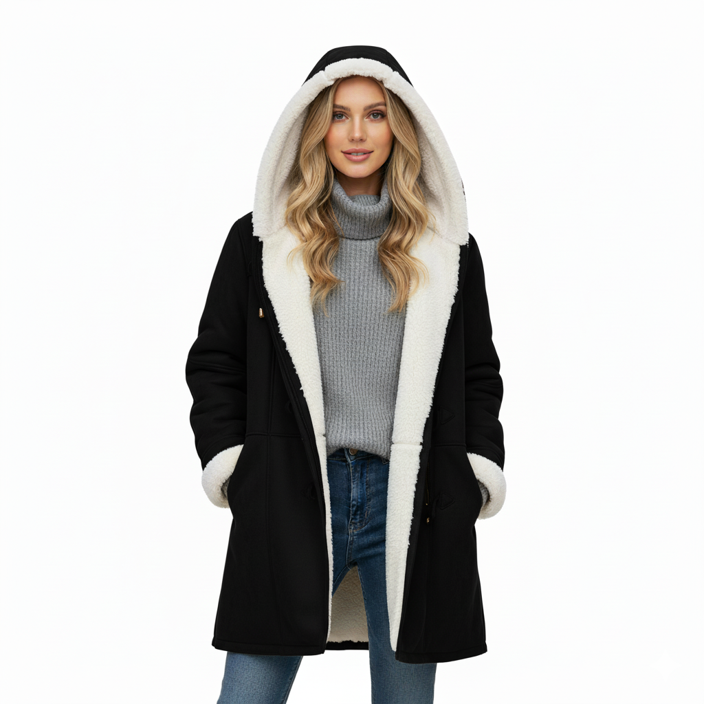 Women's mid-length hooded toggle coat cozy warm winter style with vintage-inspired silhouette
