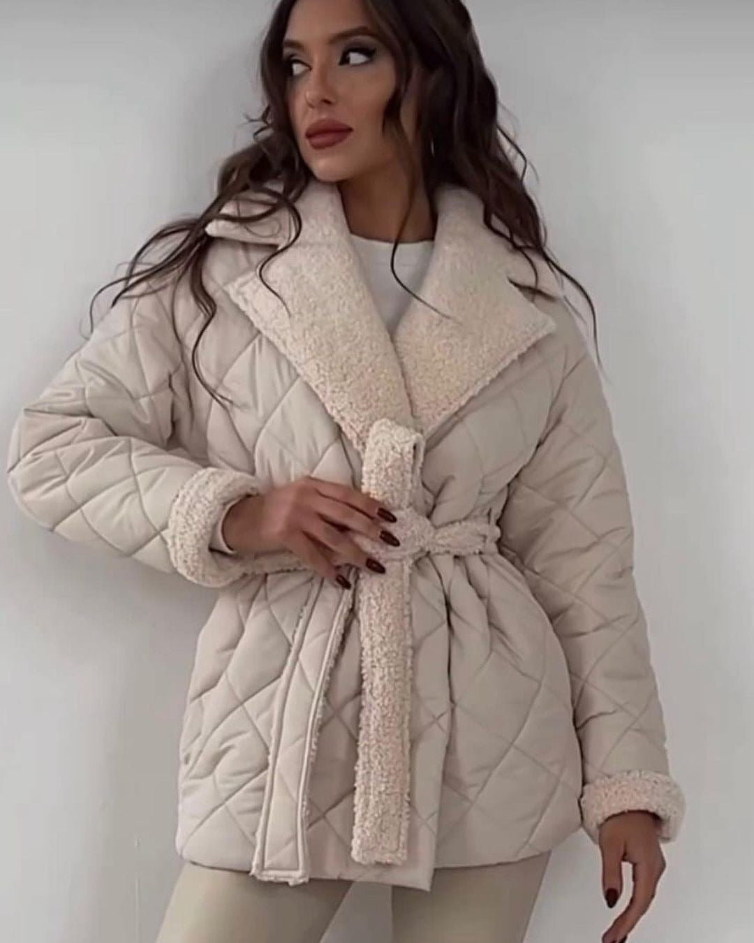Women's down jacket with lapel collar and tie belt, lightweight warm silhouette in cozy teddy-look finish
