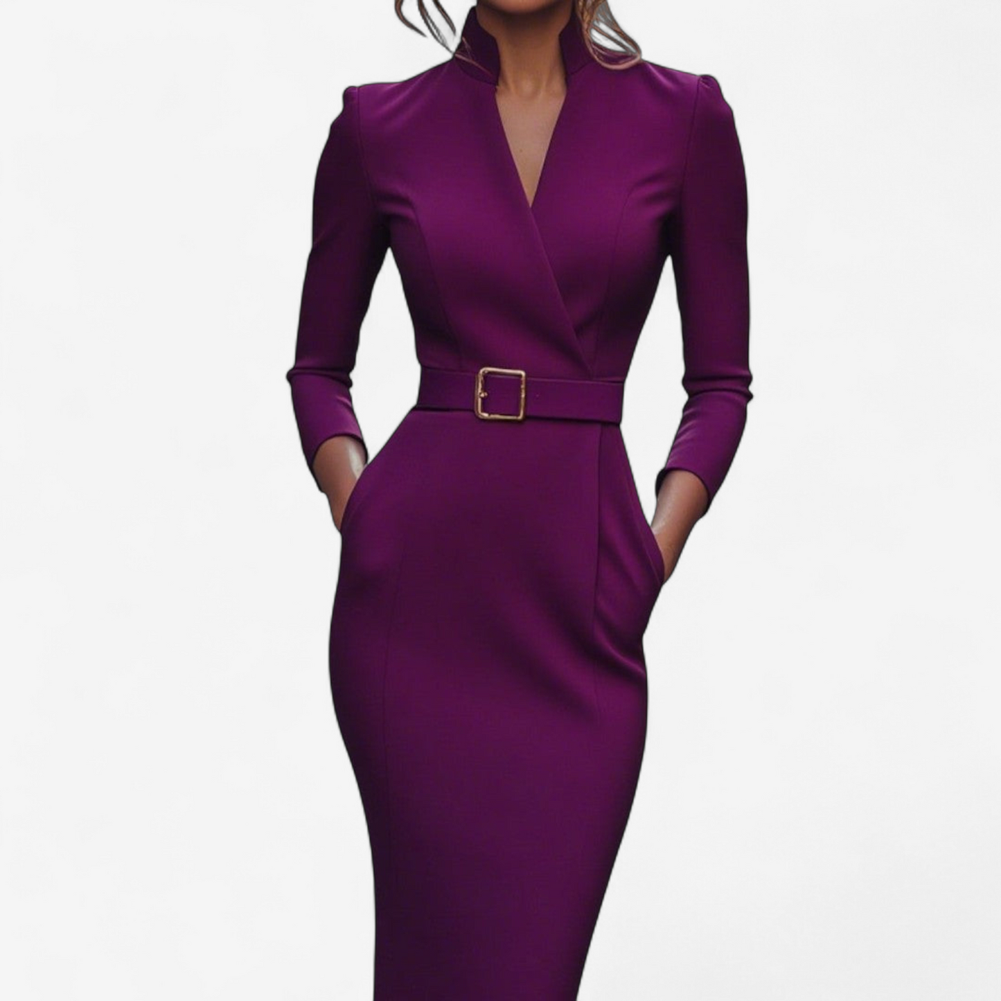 Women's structured belted evening gown tailored midi silhouette with three-quarter sleeves and waist cinch