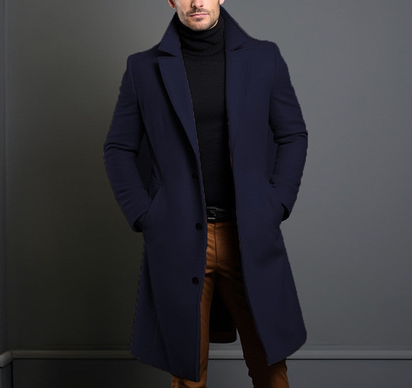 Men's straight-cut wool coat in classic neutral tone, tailored silhouette for cold weather everyday wear
