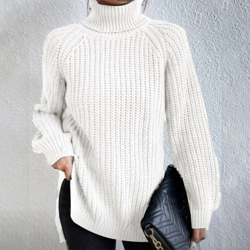 Chunky knit turtleneck sweater in neutral tone, gender-neutral classic silhouette with high rolled collar