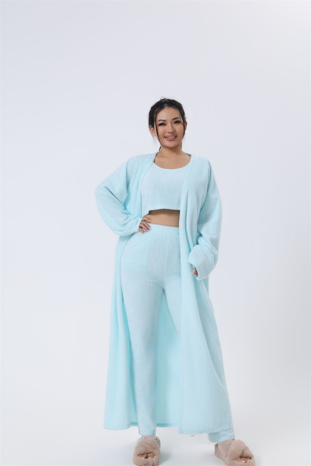 Women's fluffy 3-piece lounge set cropped top high-waisted pants long cardigan soft cozy style