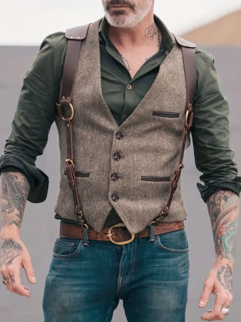 Men's brown faux suede western vest with leather strap accents, classic cowboy rugged cut