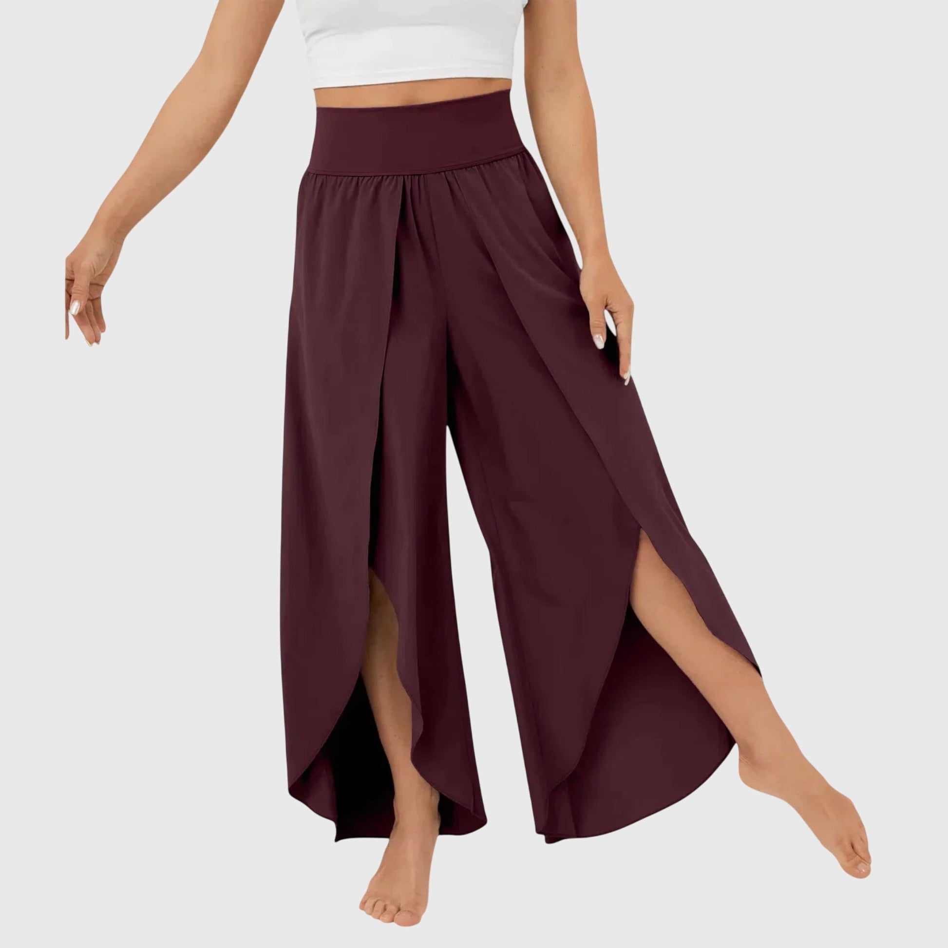Women's wide leg split hem pants flowing silhouette elongated flowy style versatile everyday wear
