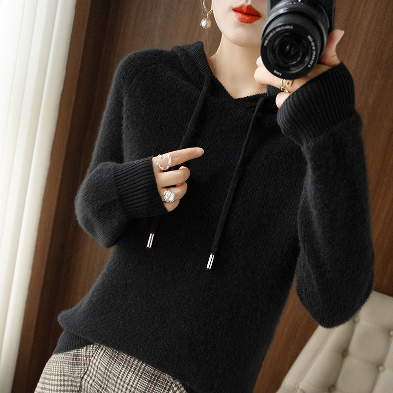Women's Maya cashmere blend hoodie soft warm drawstring ribbed knit detail winter pullover