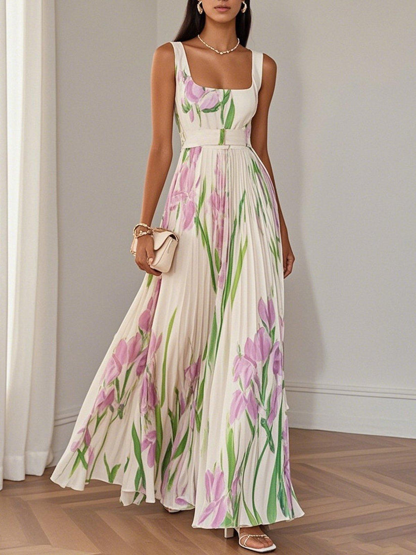 Floral Pleated Chiffon Maxi Dress For Women Elegant Square Neck Sleeve