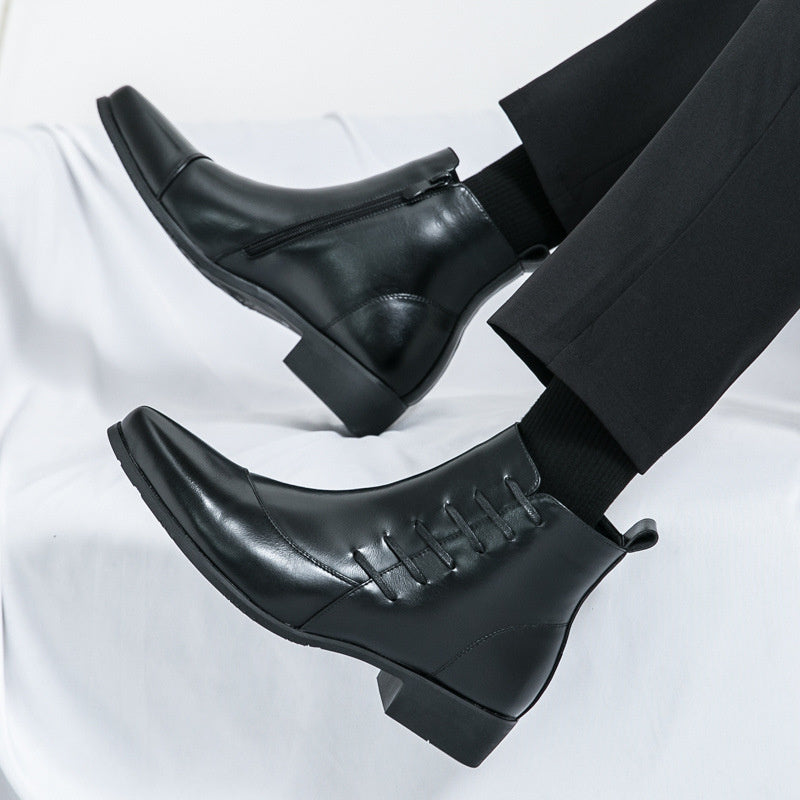 Men's black faux leather Martin ankle boots with side zipper and durable rubber sole