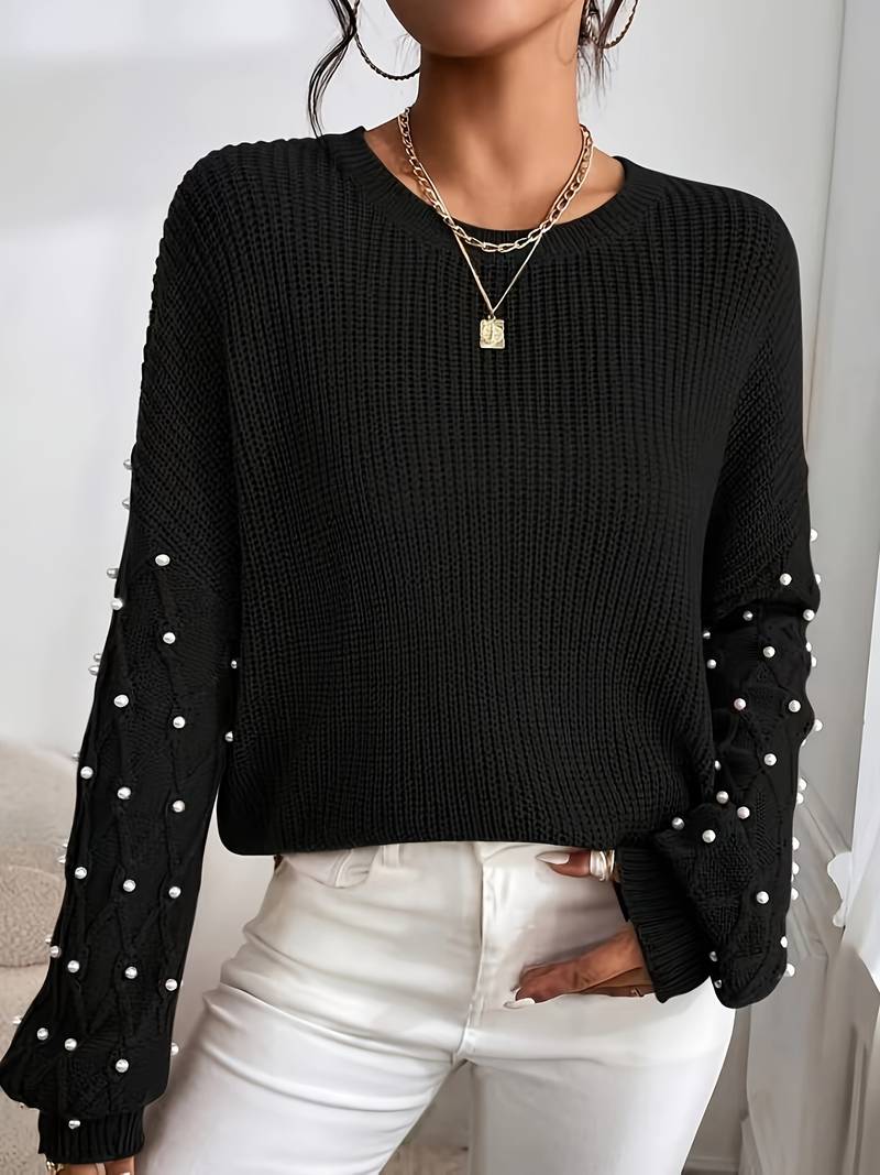 Women's beige knit sweater elegant cut with bead-embellished sleeves cozy everyday knitwear essential