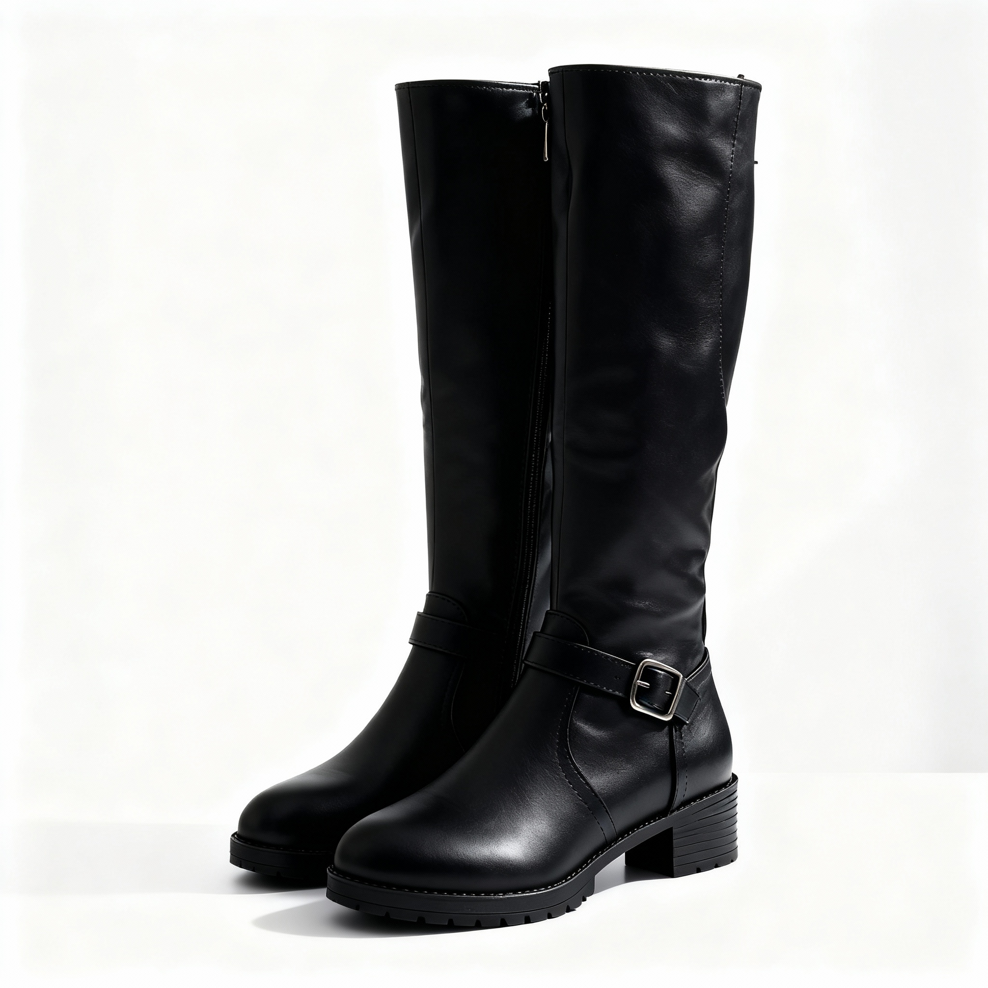 Women's black faux leather knee-high riding boots with lug sole, buckle detail, and side zip