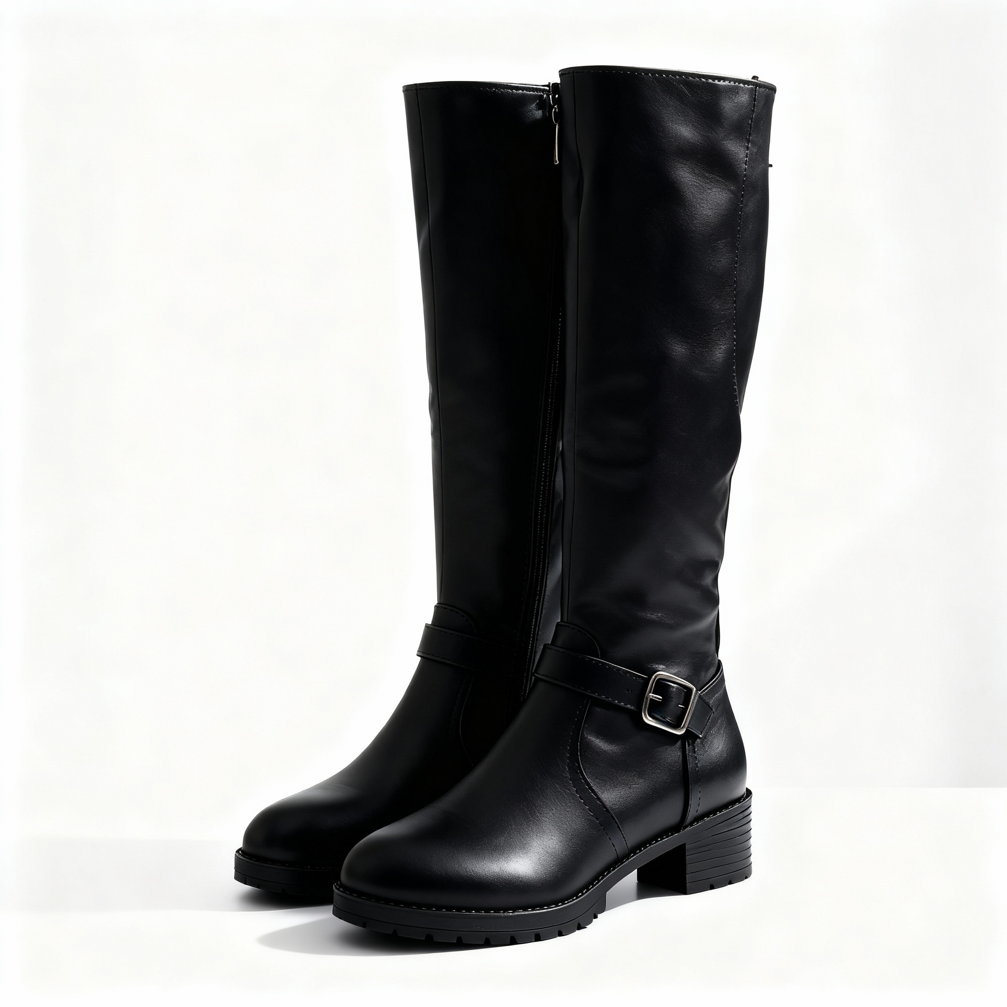 Women's black faux leather knee-high riding boots with lug sole, buckle detail, and side zip
