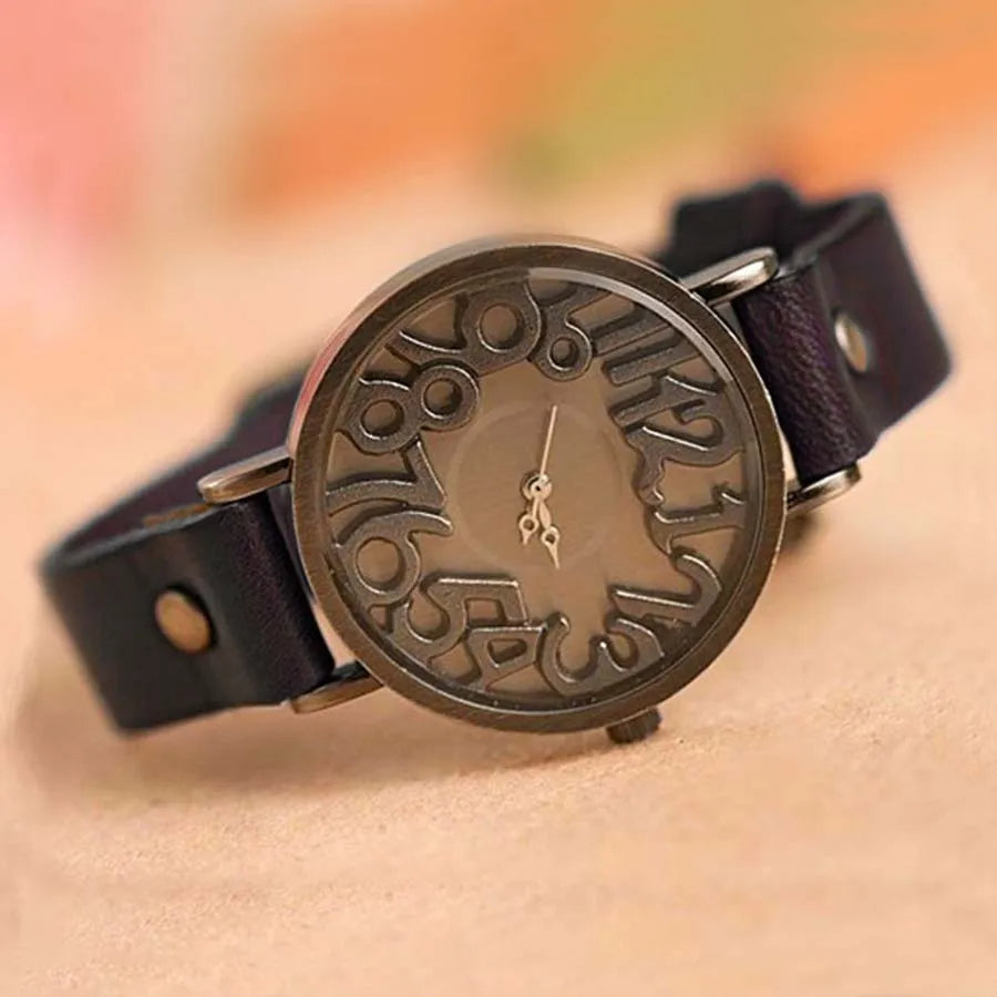 Celeste unisex vintage wristwatch bold 3D numerals genuine leather strap stainless steel case