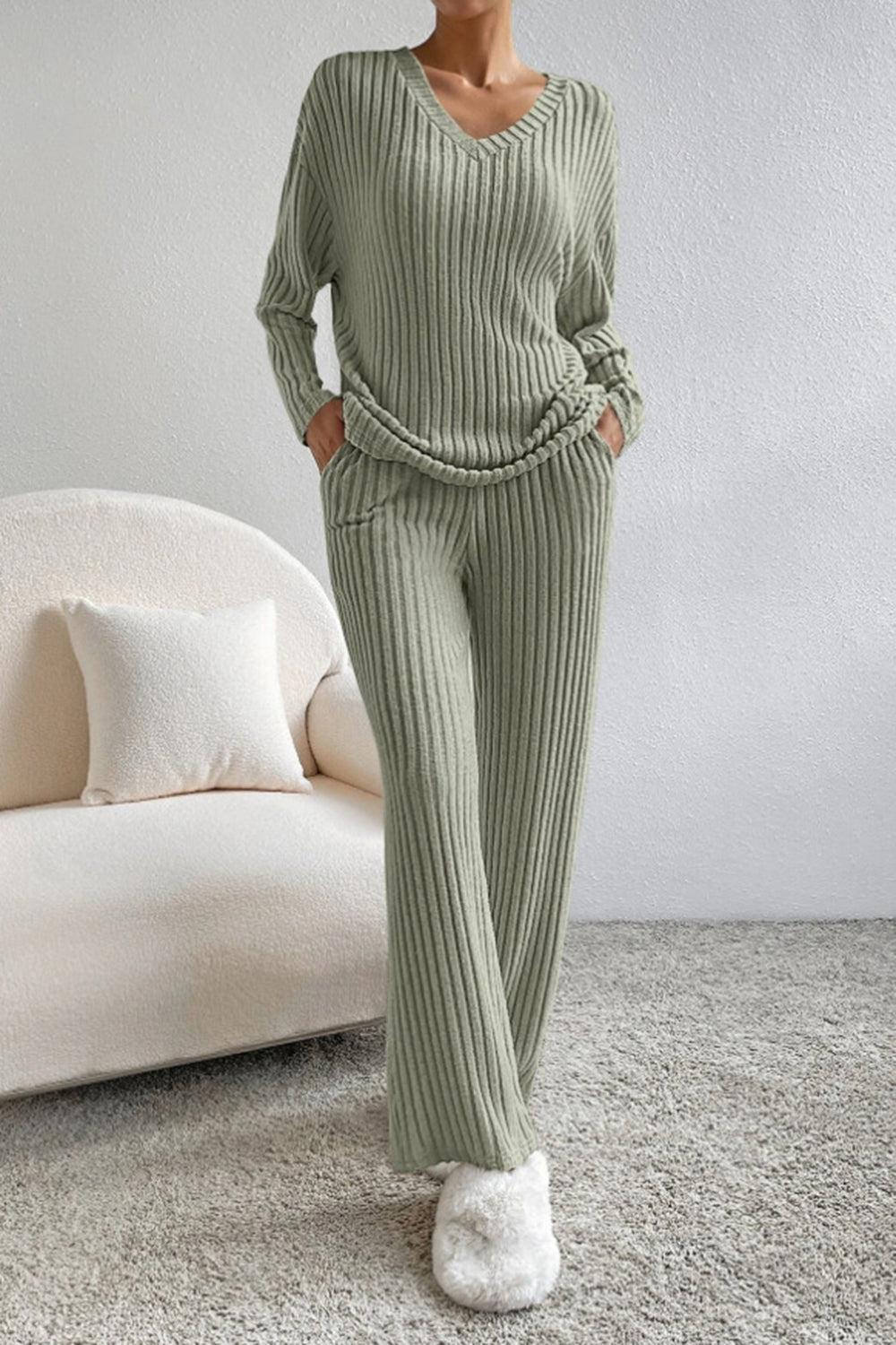 Women's ribbed v-neck loungewear set, cozy two-piece top and pants in matching neutral tones