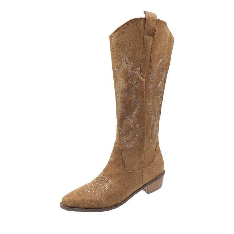 Women's embroidered denim high-top western boots chunky low heel vintage style everyday wear