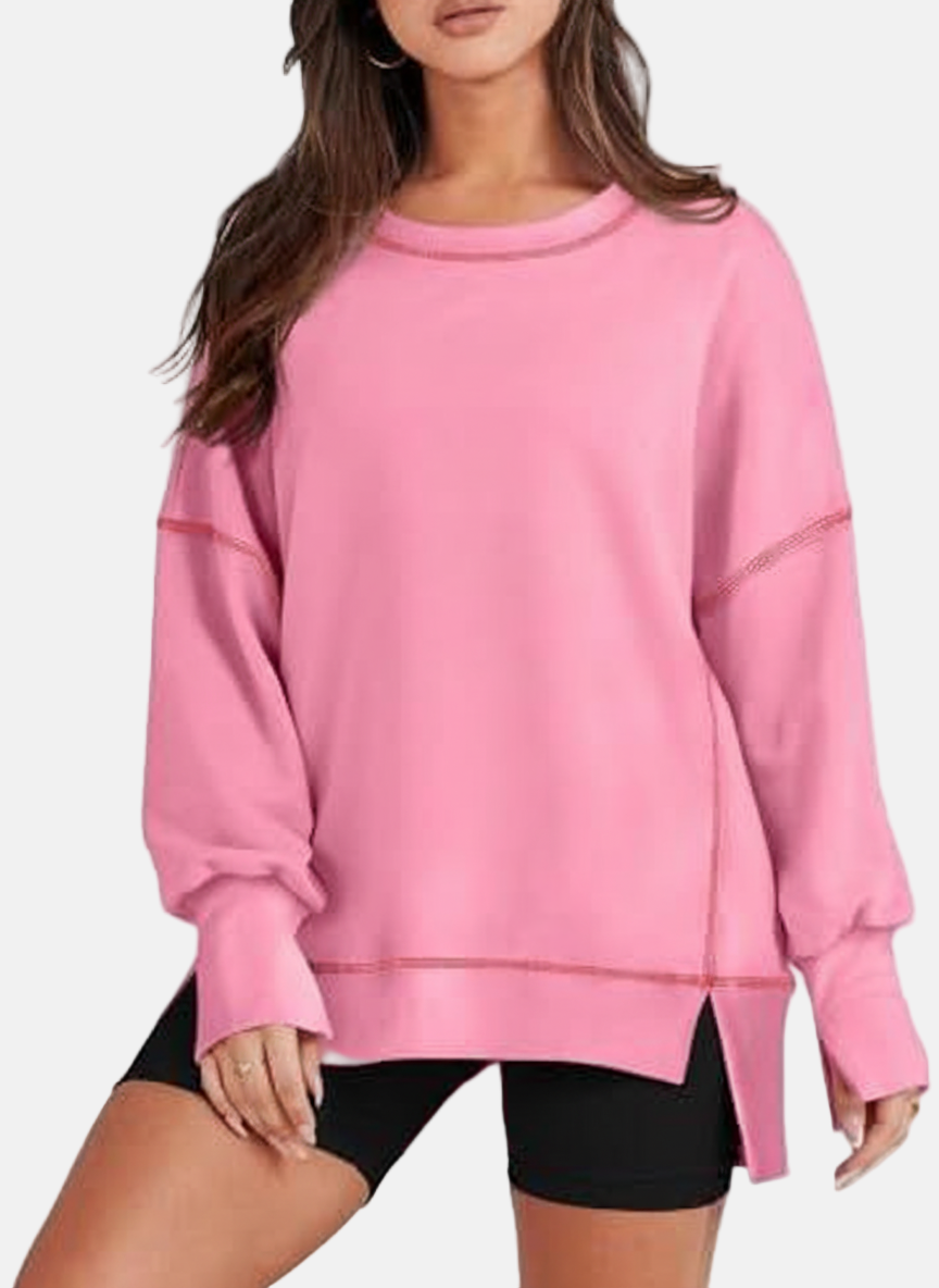 Women's oversized gray sweatshirt relaxed fit crew neck pullover with side slits for layering