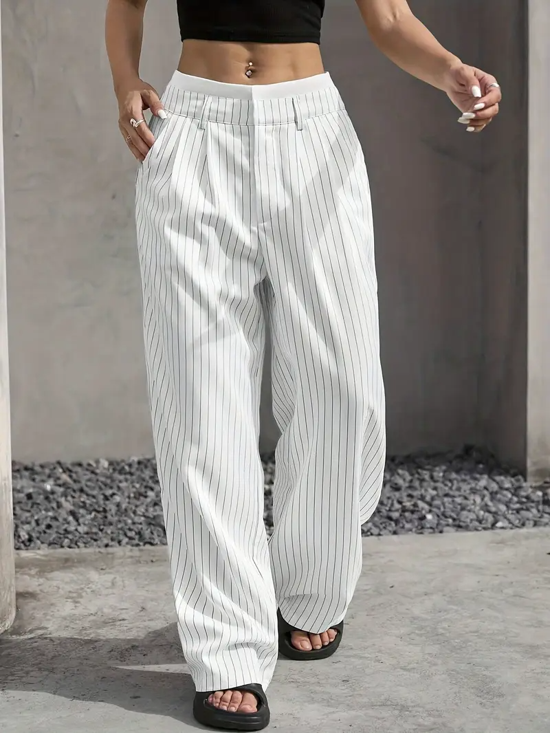Navy blue pinstripe wide-leg trousers with elastic waistband, relaxed tailored fit for office streetwear