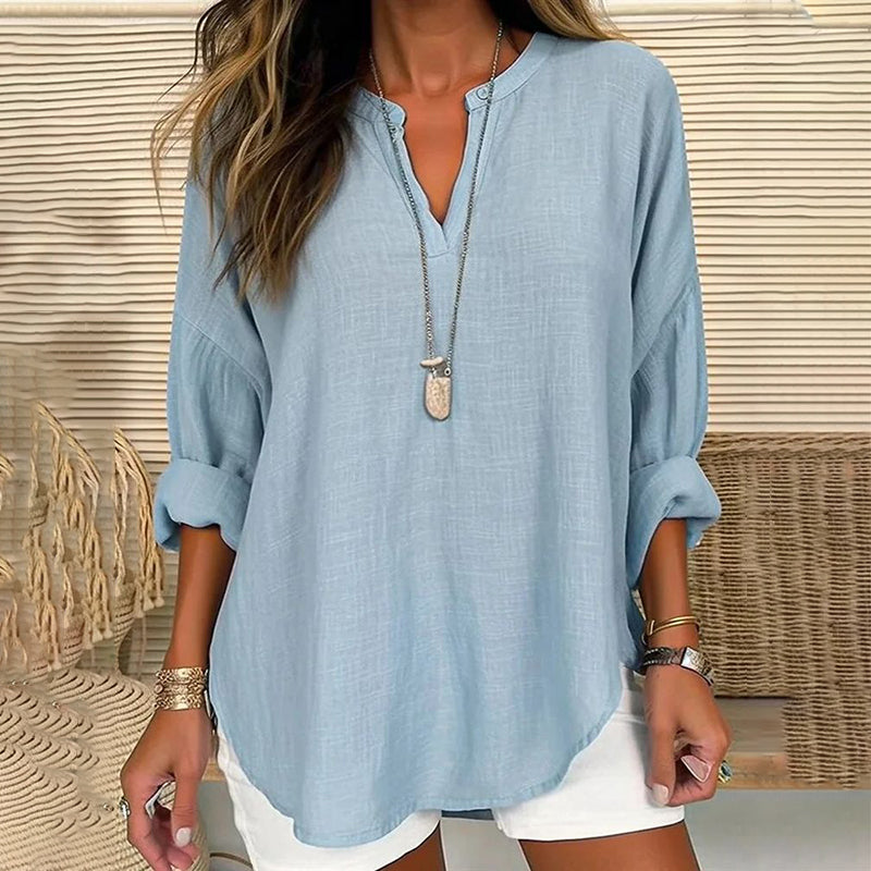 Women's loose fit V-neck long sleeve solid color blouse, casual cotton blend top for spring layering