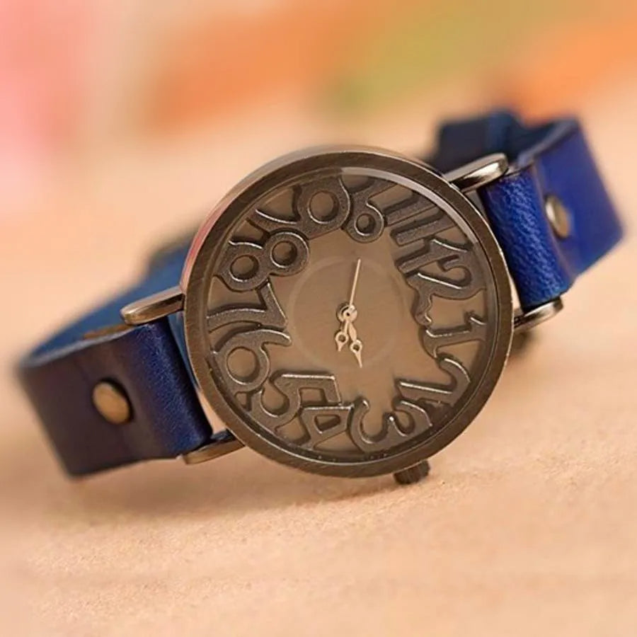 Celeste unisex vintage wristwatch bold 3D numerals genuine leather strap stainless steel case