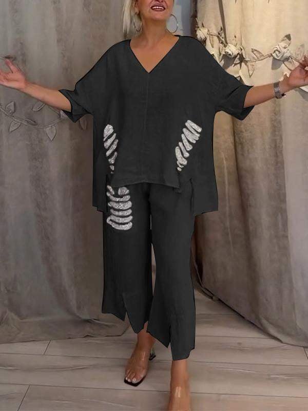 Pearl | Women's Casual 2 Piece Set V-Neck Top and Cropped Pants