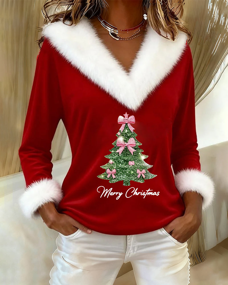 Women's holiday long sleeve knit top relaxed fit festive trim graphic cozy winter seasonal style