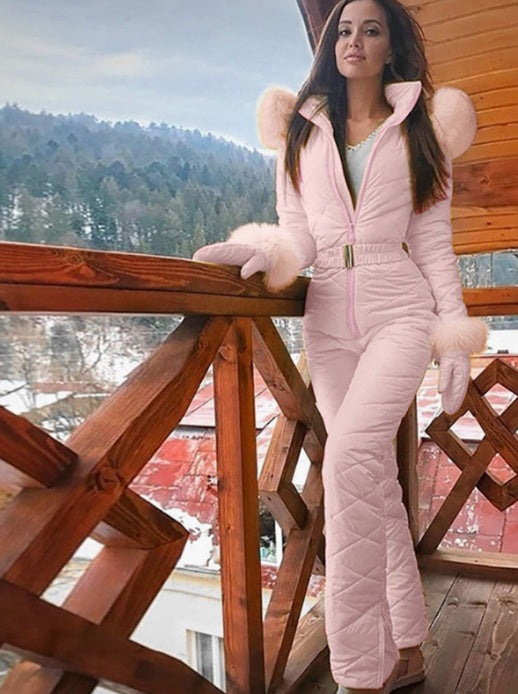 Women's insulated ski suit tailored fit warm belt elegant white winter one-piece slopes
