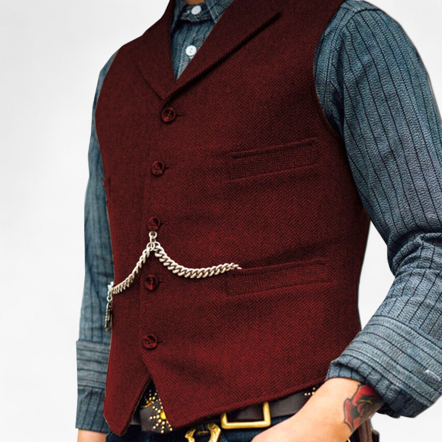 Navy blue men's fitted suit vest with decorative vintage chain detail, tailored urban chic silhouette