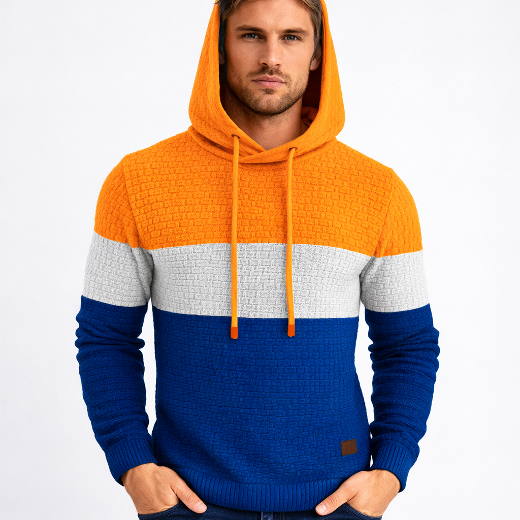 Men's color block textured knit pullover hoodie with drawstring hood and ribbed cuffs regular fit