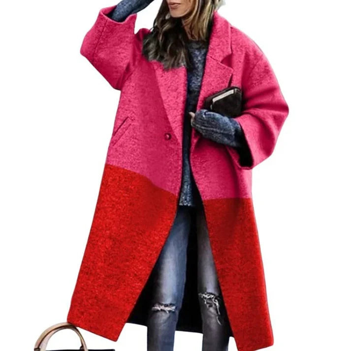 Women's long loose-fit chic winter coat with unique pattern, extended length for cold protection