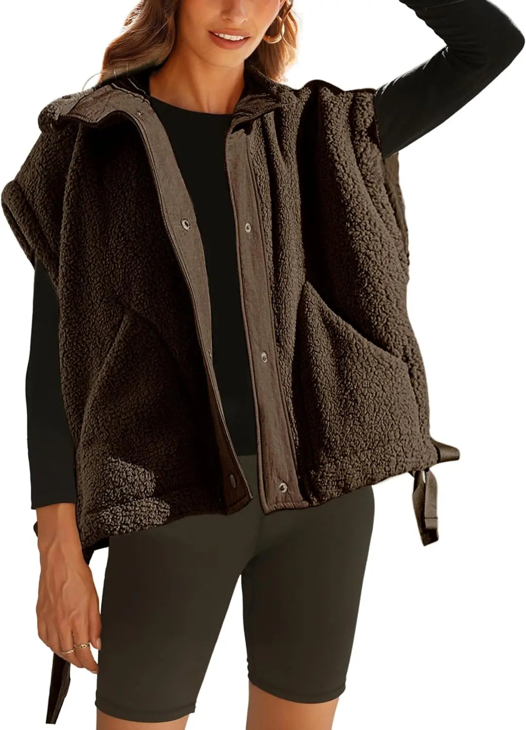 Women's oversized sleeveless jacket casual midseason layer with snap-button front closure