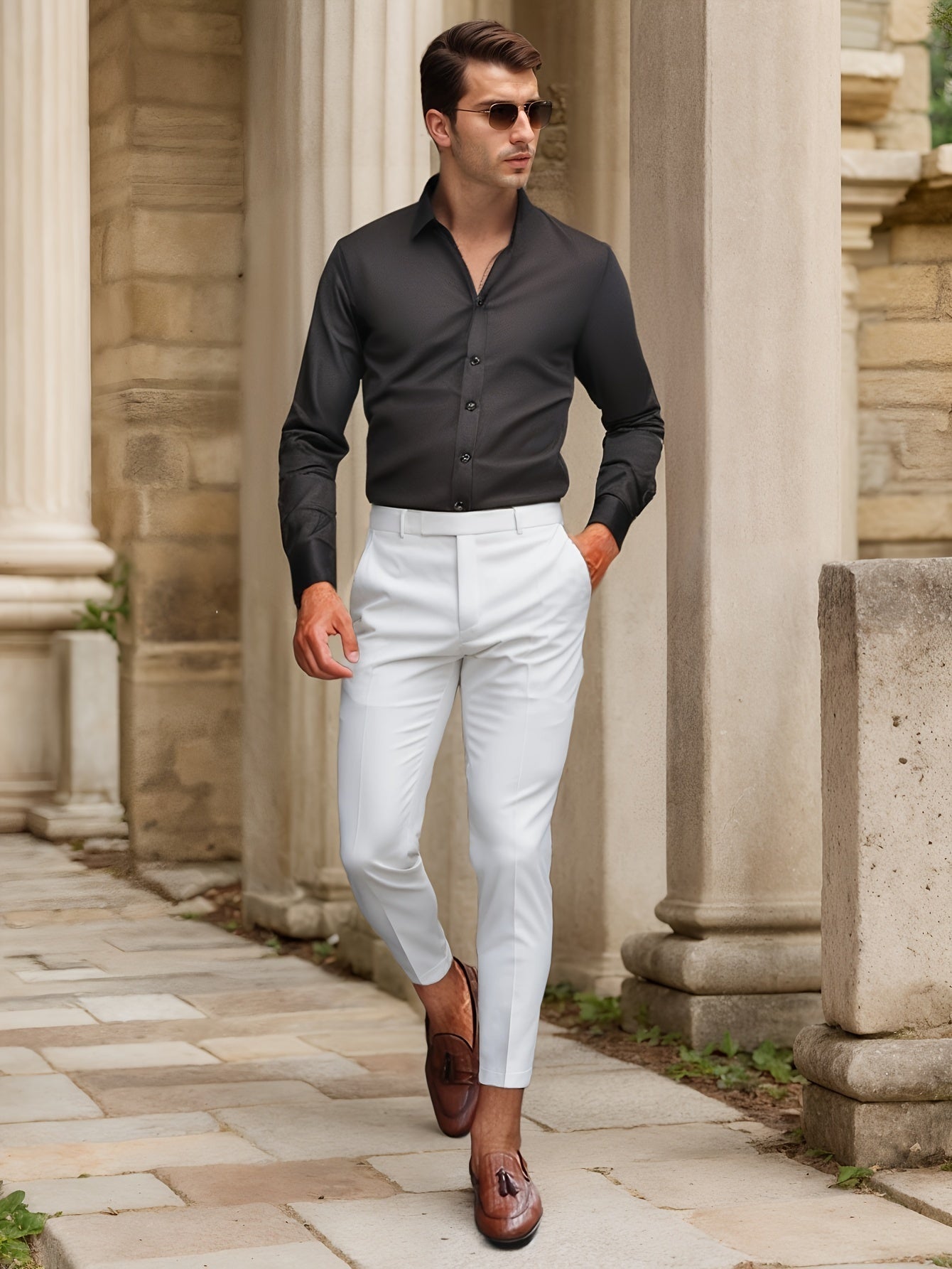 Men's slim fit stretch dress shirt solid color ultra-light breathable fabric all-season comfort