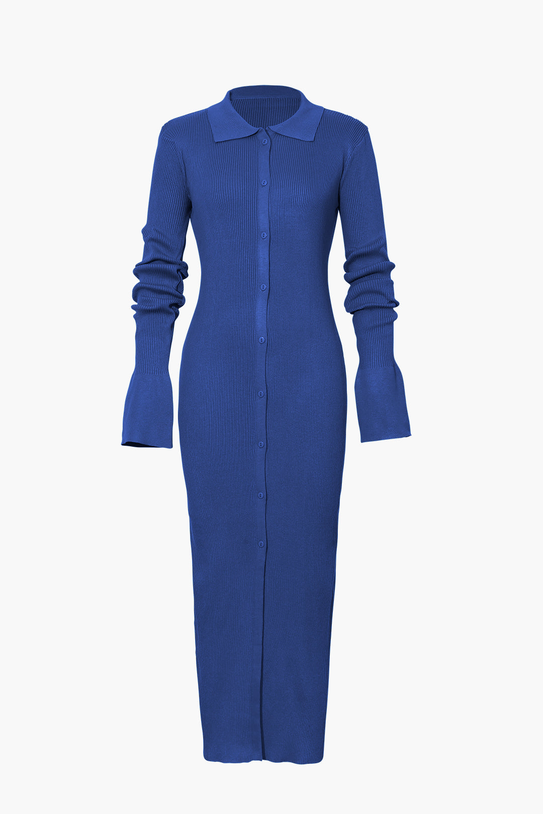 Women's ribbed knit maxi dress with structured collar, long sleeves, and button-front placket