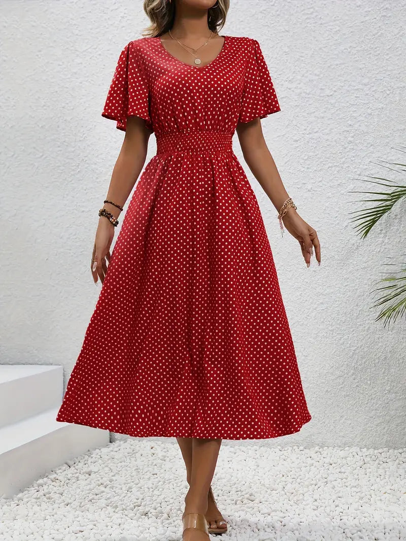 Women's short sleeve all-over print dress with ruched waist, lightweight elegant spring style