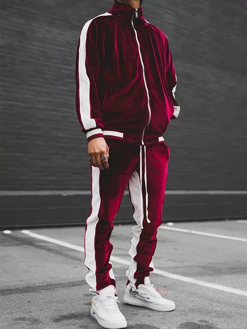 Men's two-piece tracksuit set with full-zip jacket and matching pants for active performance