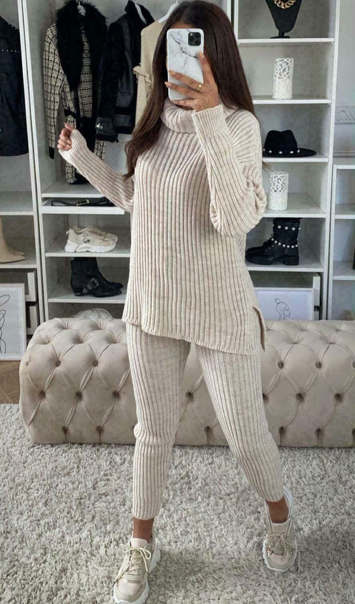Women cozy plush knit polo collar loungewear set with matching leggings for all-day comfort