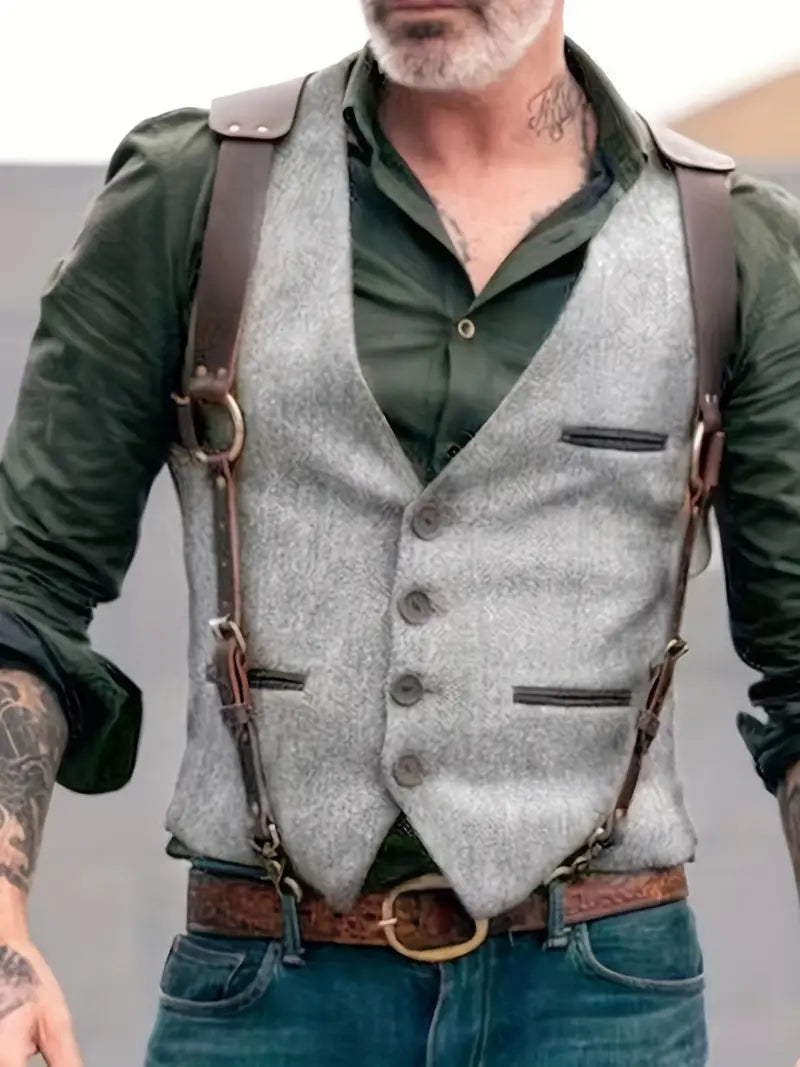 Men's brown faux suede western vest with rugged leather strap accents and classic cowboy silhouette