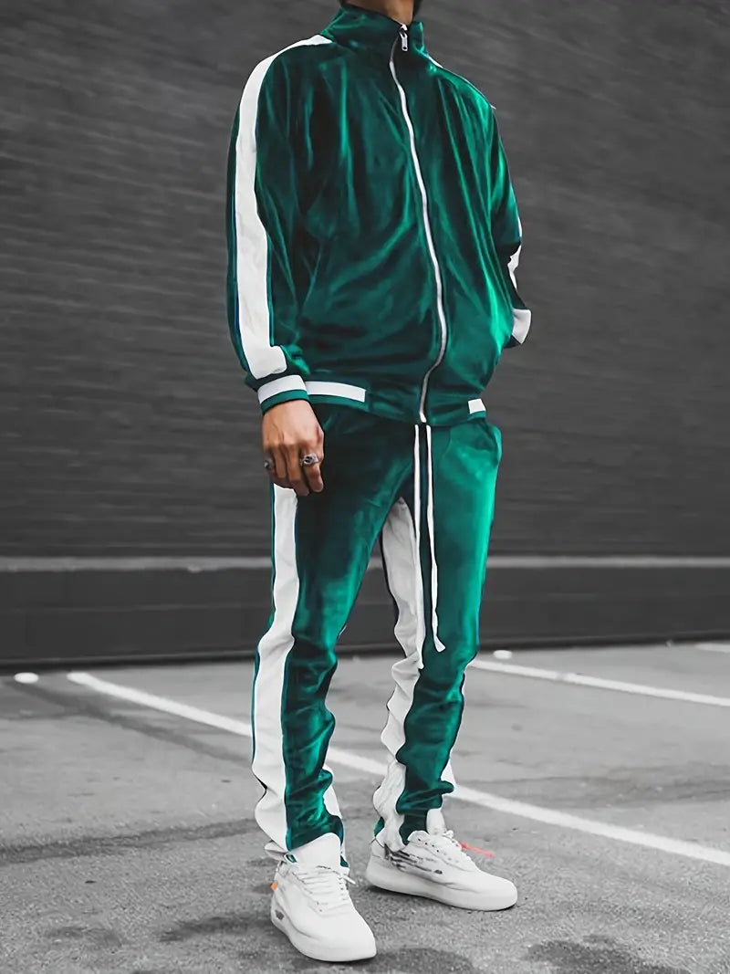Men's two-piece tracksuit set with full-zip jacket and matching pants for active performance