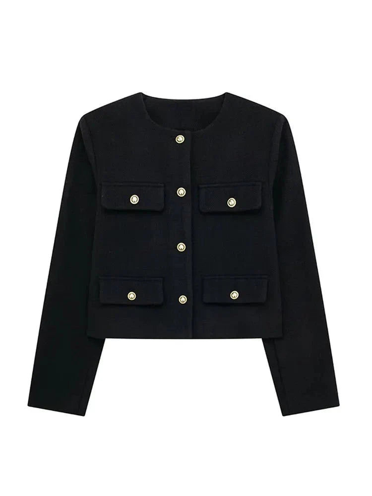 Women's short structured jacket with gold button details and tailored silhouette for timeless elegance