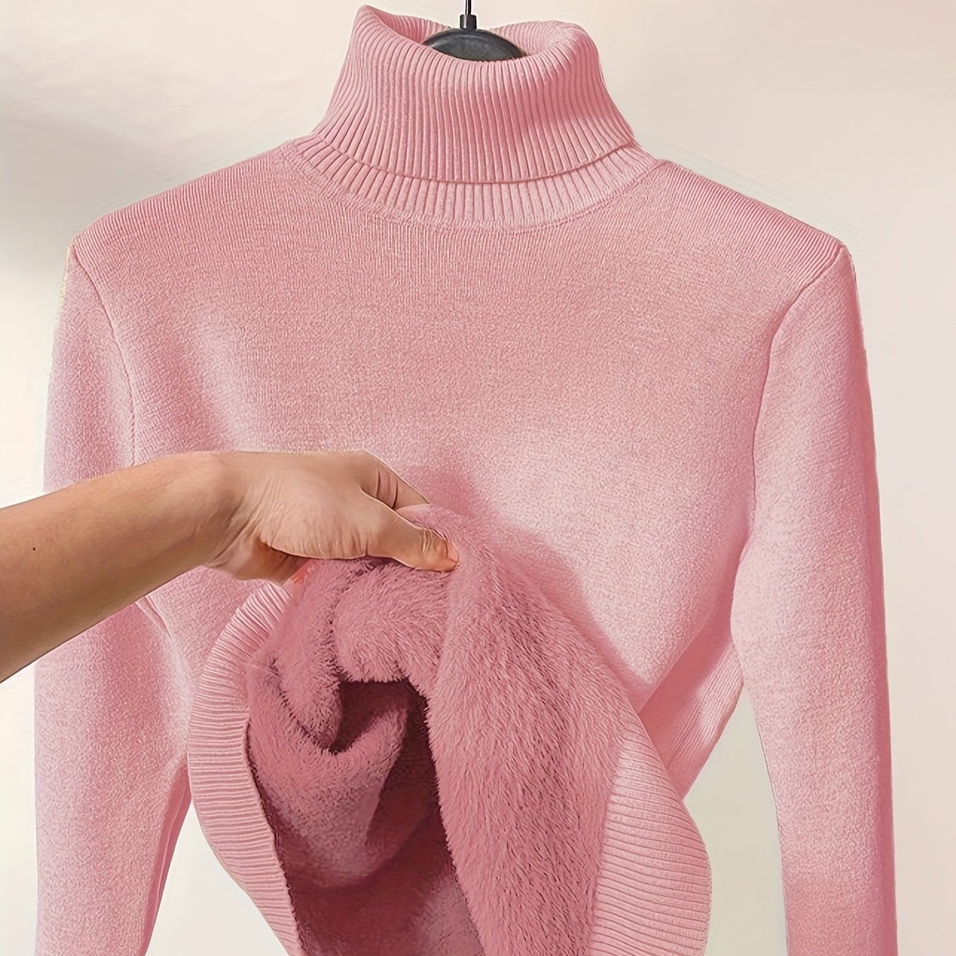 Women's fleece-lined turtleneck knit sweater, minimalist cozy style with ultra-soft warm lining